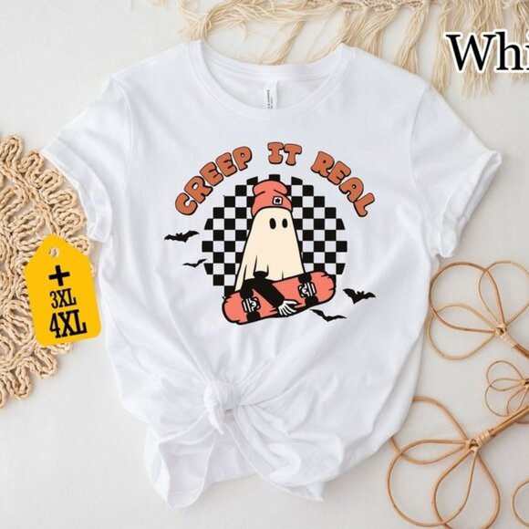 Creep It Real Halloween Shirt, Cute Skater Ghost Shirt, Funny Halloween T-shirt - Picture 1 of 3
